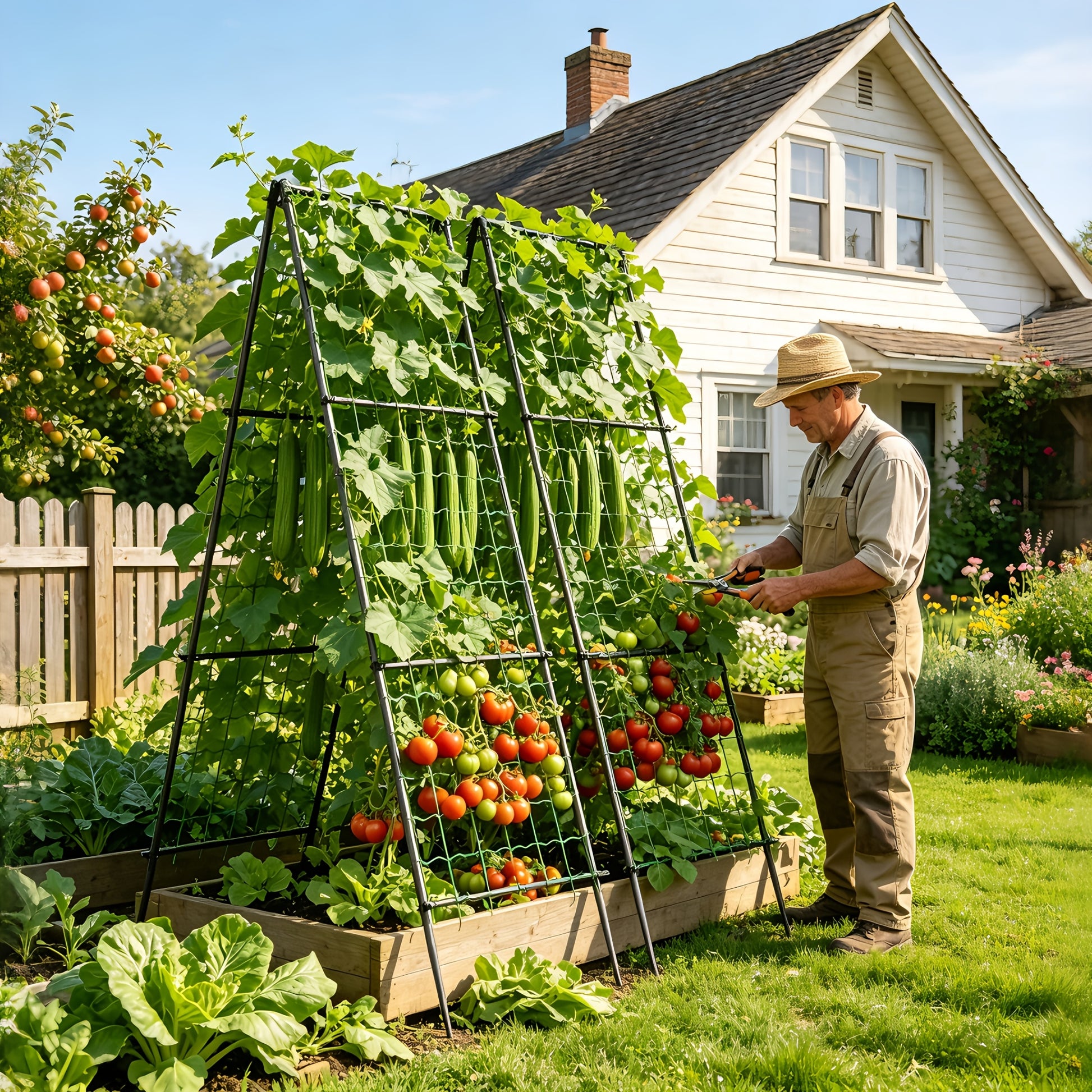 Beans climbing up the garden trellis