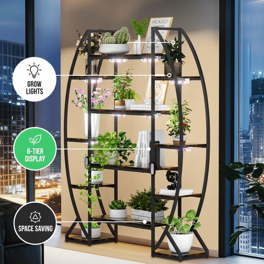 Half-Moon Shape Indoor Plant Stand Rack with Grow Lights Multilayer Ladder Stand Bookshelf