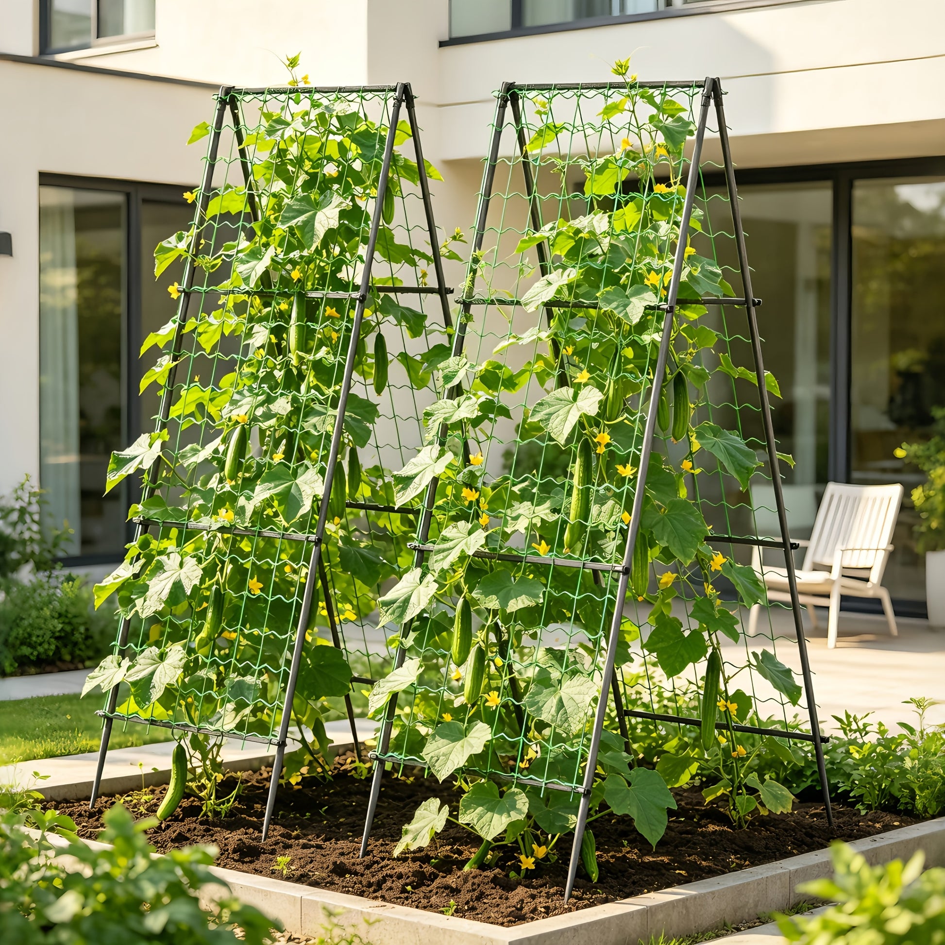 A-shaped trellis over a garden bed