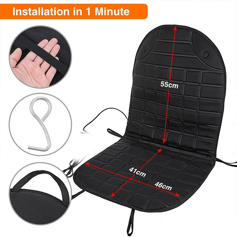 Heated car seat cover plugging into a 12V car charger port