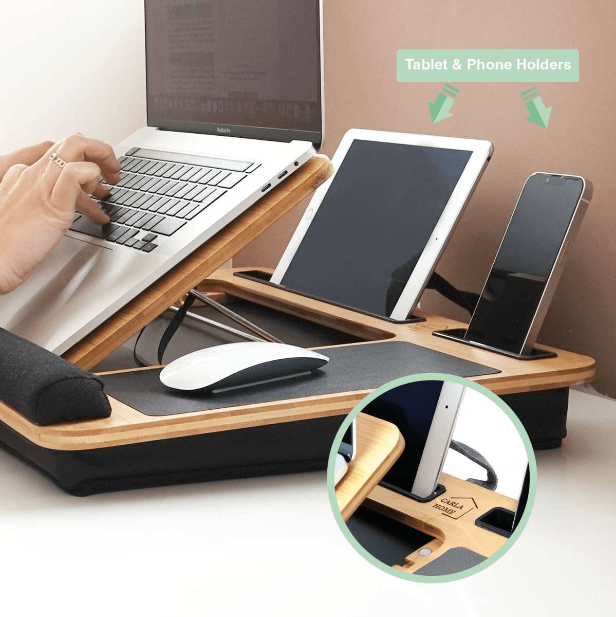 Bamboo Laptop Lap Desk with Cushion and Angle Adjustable for Office and Home - Direct On Sale