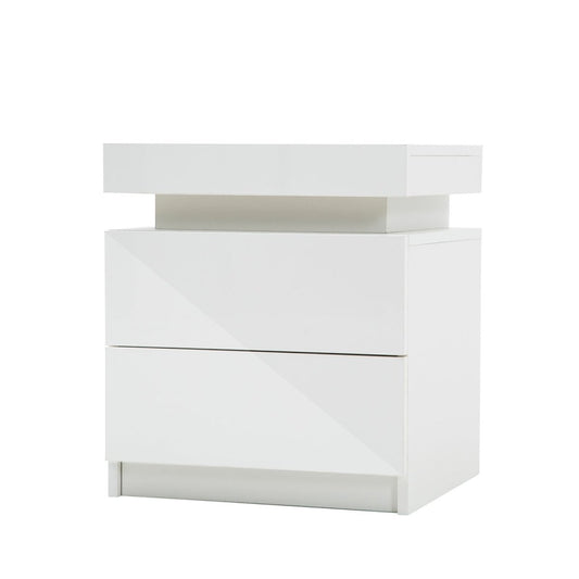 Bedside Table 2 Drawers RGB LED Bedroom Cabinet Nightstand Gloss WHITE - Direct On Sale