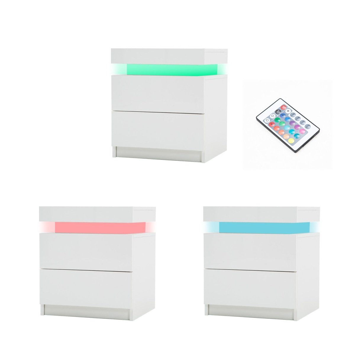 Bedside Table 2 Drawers RGB LED Bedroom Cabinet Nightstand Gloss WHITE - Direct On Sale