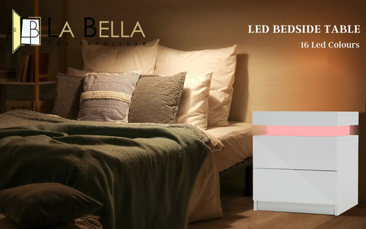 Bedside Table 2 Drawers RGB LED Bedroom Cabinet Nightstand Gloss WHITE - Direct On Sale