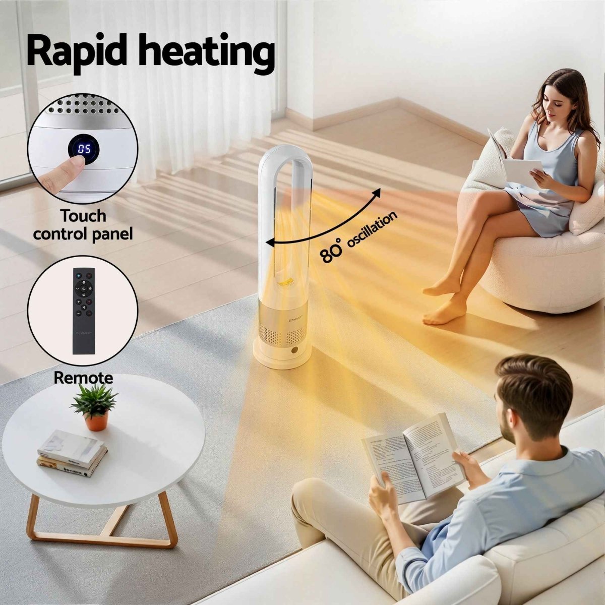 Bladeless Tower Fan Heater and Cooler 2in1 Portable Oscillation Fan for Bedroom Room Office Use White - Direct On Sale