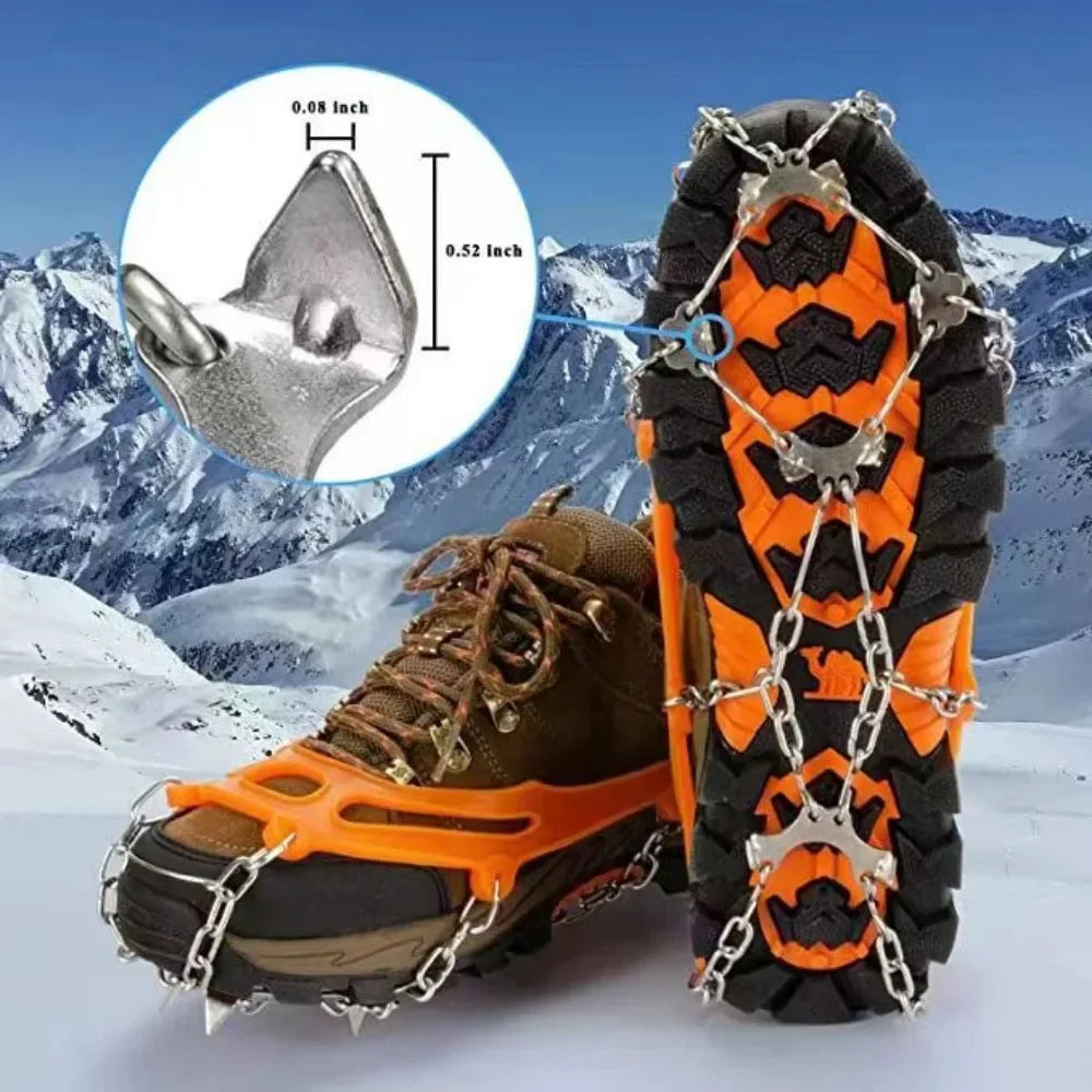 Ice grips slipped over a winter boot for snow traction