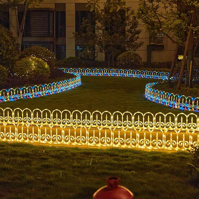 Fence lights lining a poolside area