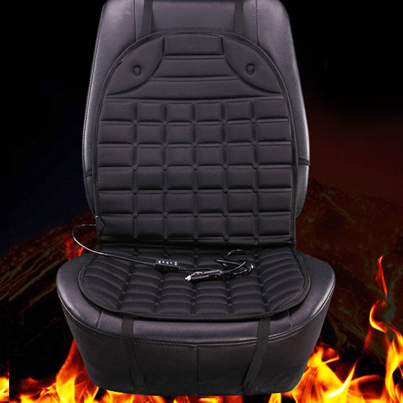 Universal heated seat cover showing adjustable 30 to 65 degree temperature control