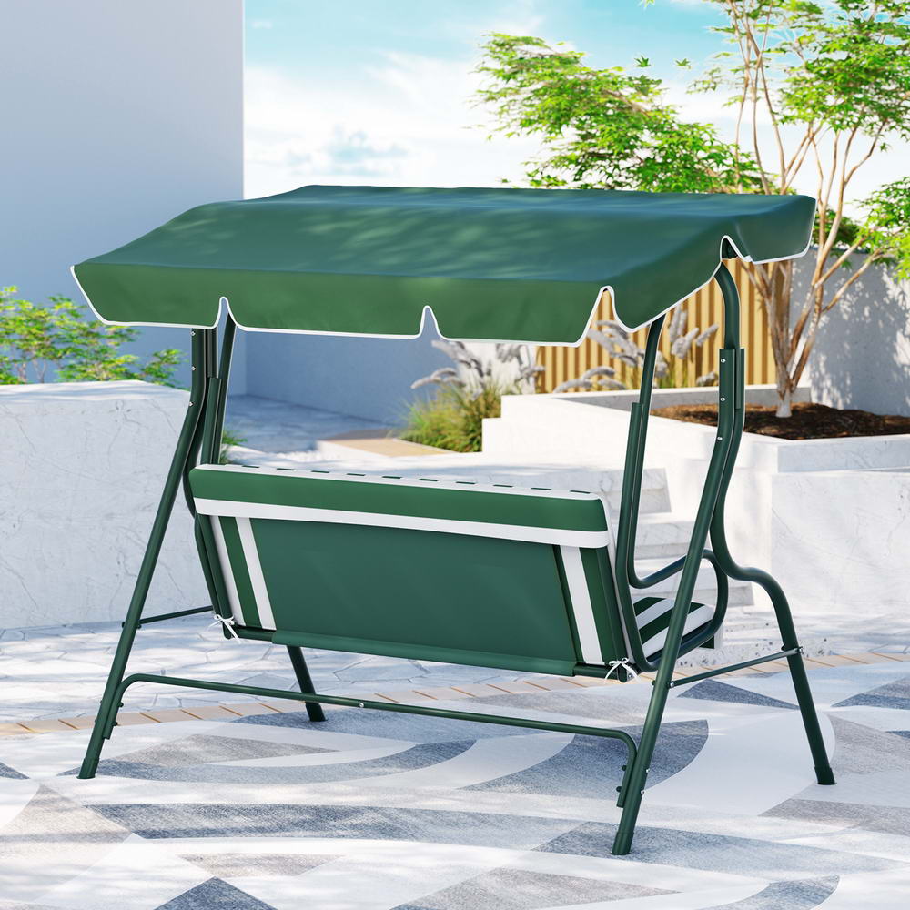 Canopy Swing Chair - Outdoor Garden Bench for 3 Seater Comfort, White and Green - Direct On Sale