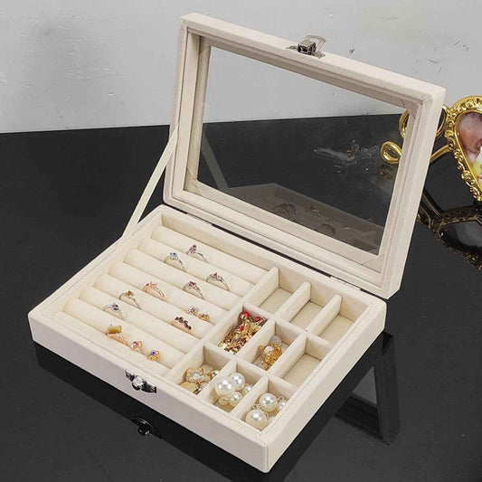 Compact Glass Lid Jewelry Box with Lock 9 Compartment Jewelry Organiser - Direct On Sale