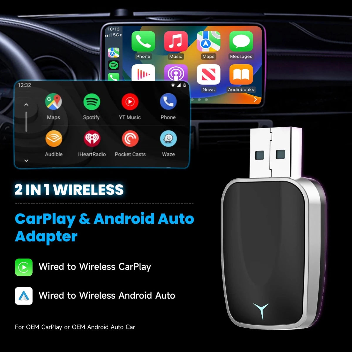 Convert Wired to Wireless Apple Car Play Adapter or Android Auto Play Wireless Adapter Plug & Play - Direct On Sale