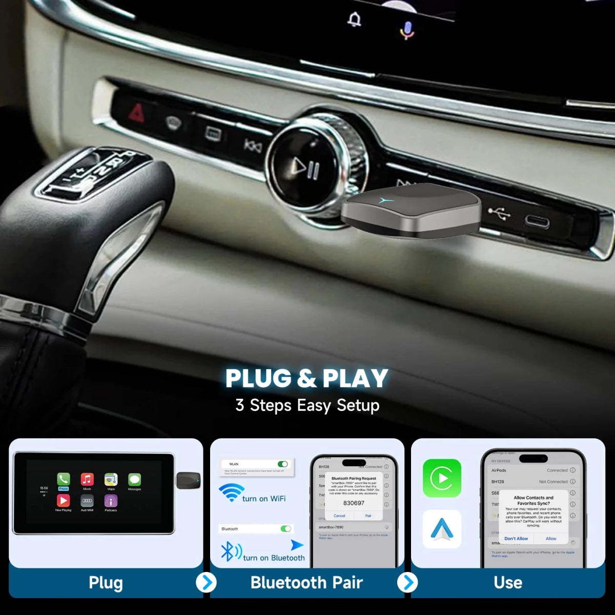 Convert Wired to Wireless Apple Car Play Adapter or Android Auto Play Wireless Adapter Plug & Play - Direct On Sale
