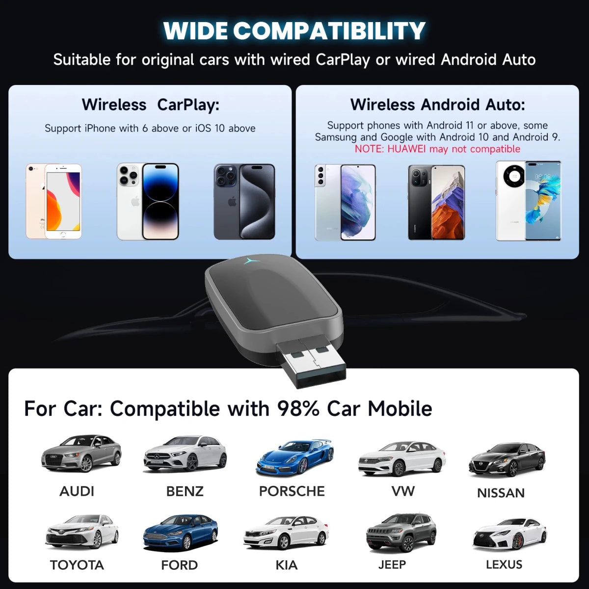 Convert Wired to Wireless Apple Car Play Adapter or Android Auto Play Wireless Adapter Plug & Play - Direct On Sale