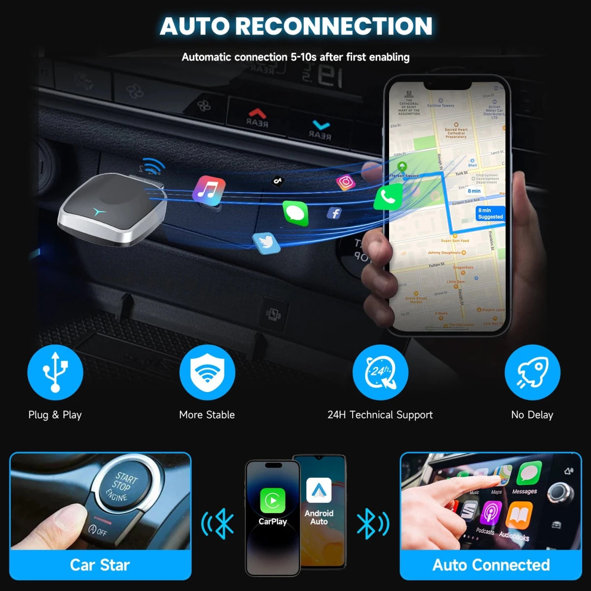Convert Wired to Wireless Apple Car Play Adapter or Android Auto Play Wireless Adapter Plug & Play - Direct On Sale