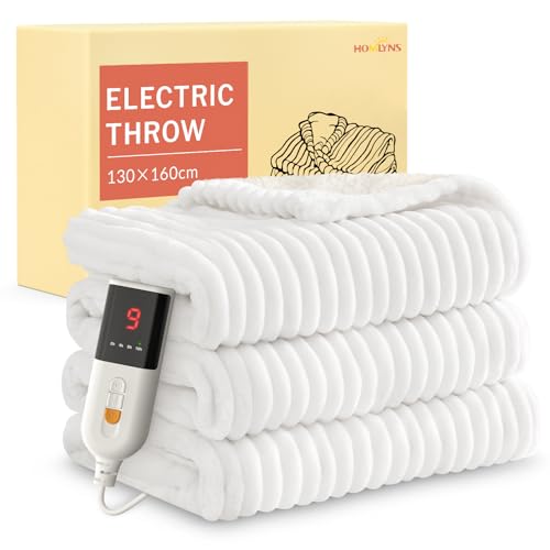 Electric Heated Blanket Throw, 160 x 130cm Cozy Soft Flannel & Sherpa Heating Blankets with 9 Fast Heat Levels & 2-10 Hours Timer, Warm Gifts for Women Mom Grandma, SAA Certified, White