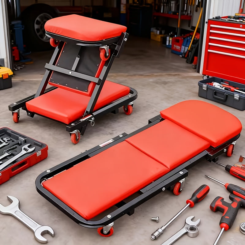Foldable 2-in-1 garage creeper and mechanic seat in red