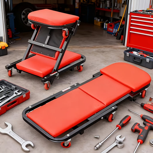 Foldable 2-in-1 garage creeper and mechanic seat in red