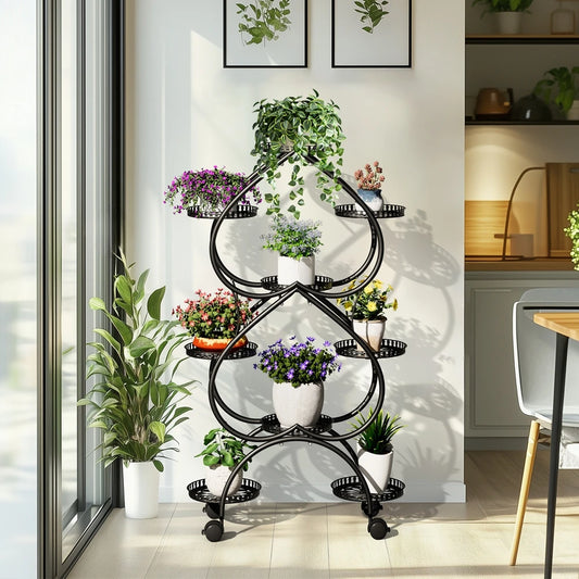 9-Pot Metal Plant Stand on Wheels Outdoor Indoor Plant Stand European Style
