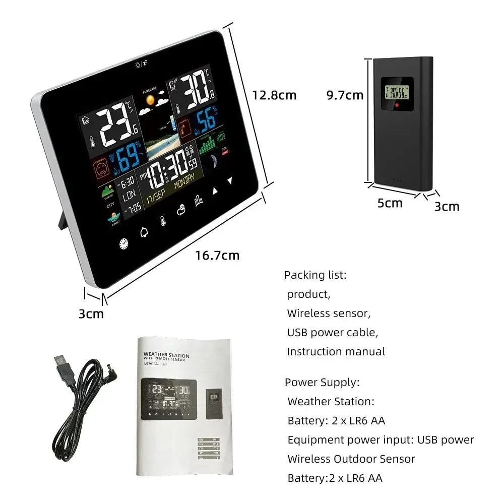Weather station showing air pressure history and moon phases