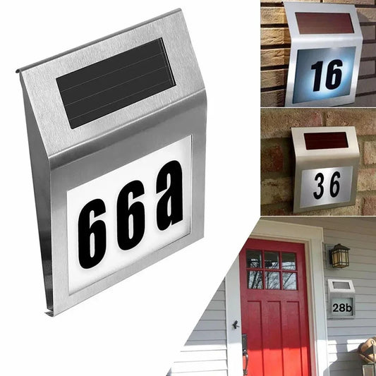 Solar Powered House Number LED Light Stainless Steel Address Signs Wall Lamps