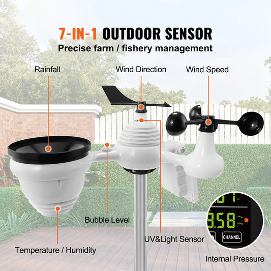 7-in-1 Wi-Fi Weather Station 7.5 in Color Display with Solar Outdoor Sensor Alarm Alerts for Temperature Humidity