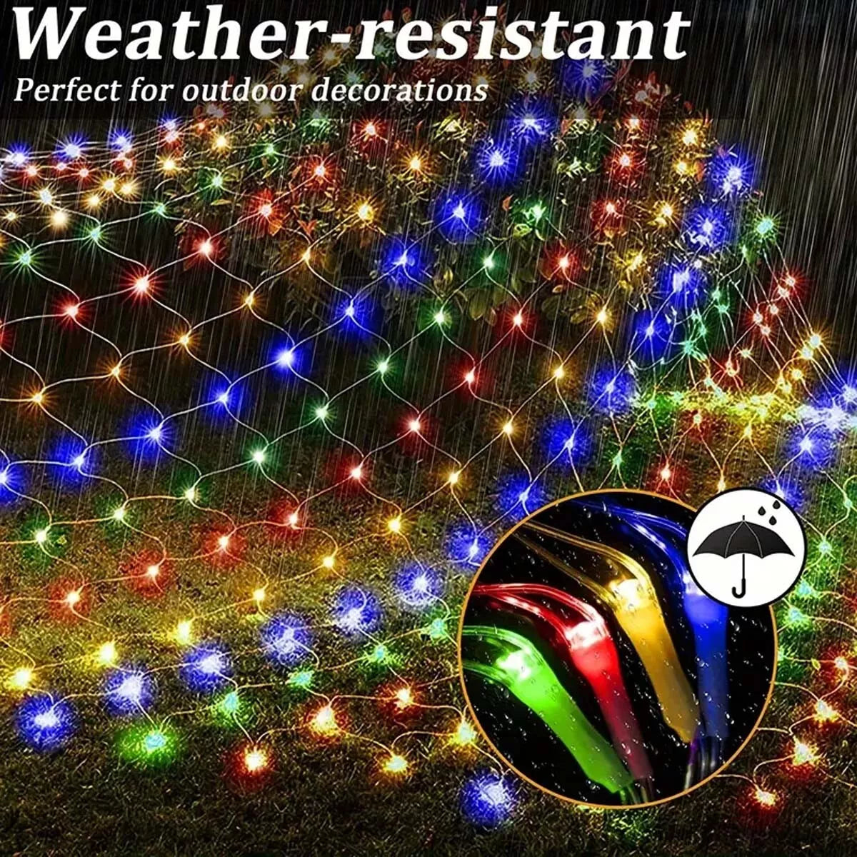 Net fairy lights glowing in the garden