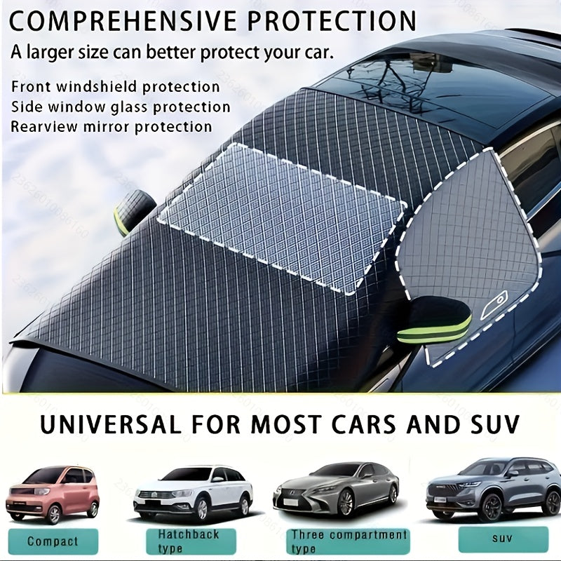Universal-fit windshield snow cover on an SUV