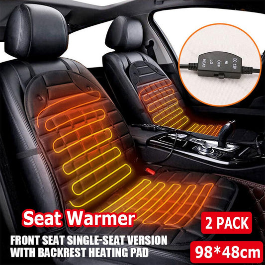 12V heated car seat cover in black with non-slip mesh backing