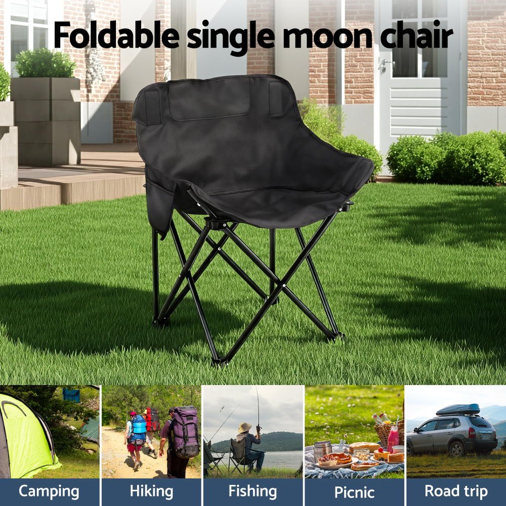 Folding Camping Moon Chair Portable Outdoor Chair with Carry Bag 120KG Black - Direct On Sale