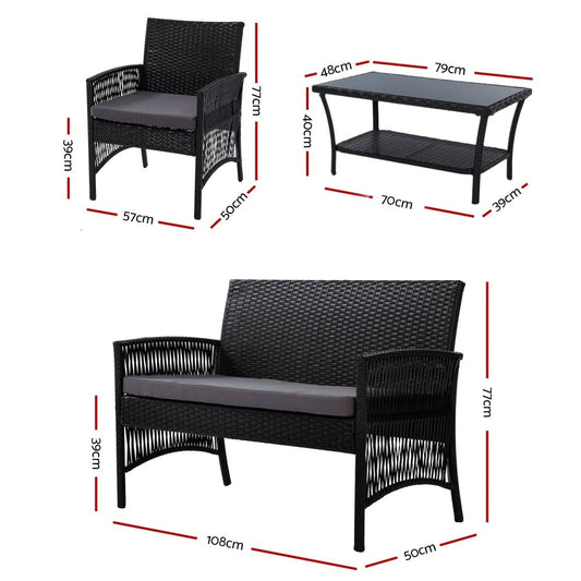 Gardeon 4 PCS Outdoor Furniture Lounge Setting Wicker Dining Set Black - Direct On Sale