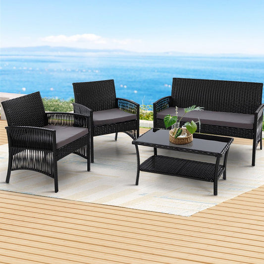 Gardeon 4 PCS Outdoor Furniture Lounge Setting Wicker Dining Set Black - Direct On Sale