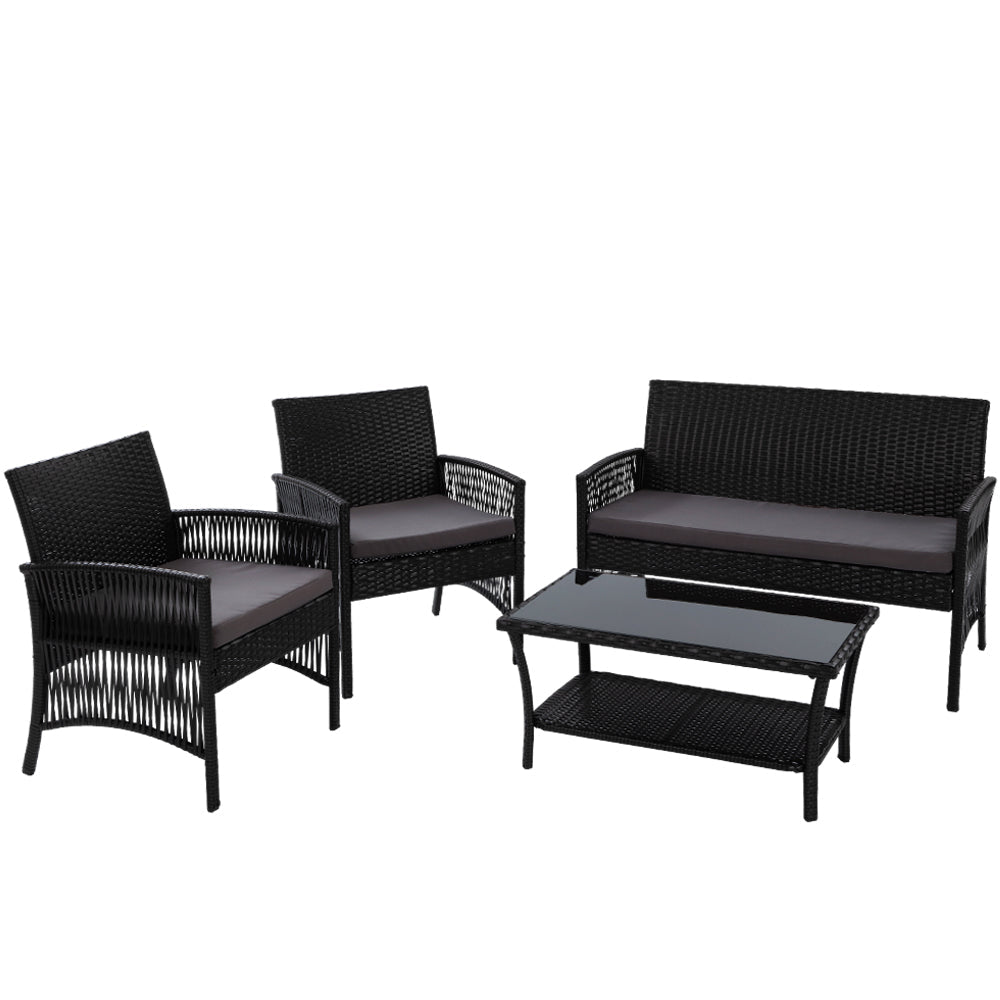 Gardeon 4 PCS Outdoor Furniture Lounge Setting Wicker Dining Set Black - Direct On Sale