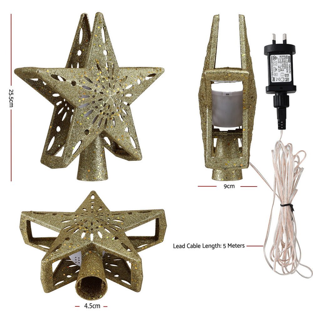 Gold Star Christmas Tree Topper with Snowflake Projector Light – 5M Cable, Adjustable Angle, Safe Transformer - Direct On Sale