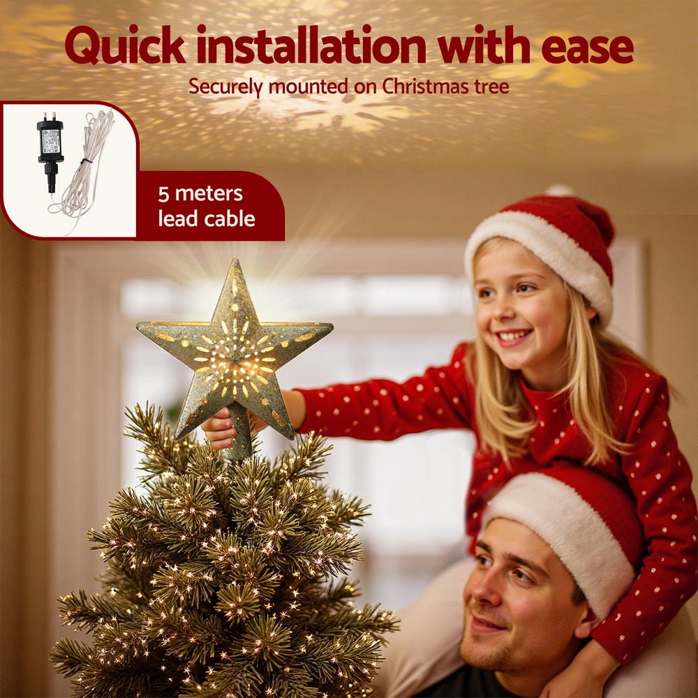 Gold Star Christmas Tree Topper with Snowflake Projector Light – 5M Cable, Adjustable Angle, Safe Transformer - Direct On Sale