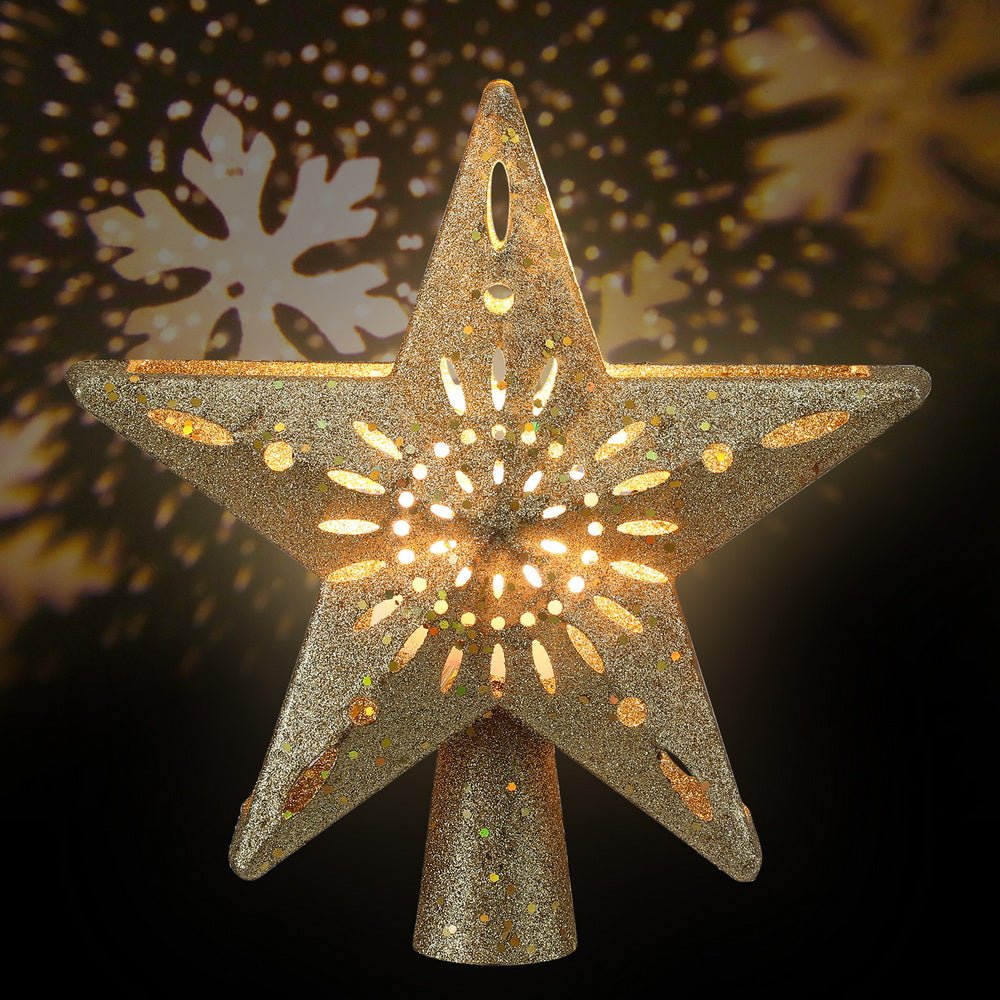 Gold Star Christmas Tree Topper with Snowflake Projector Light – 5M Cable, Adjustable Angle, Safe Transformer - Direct On Sale