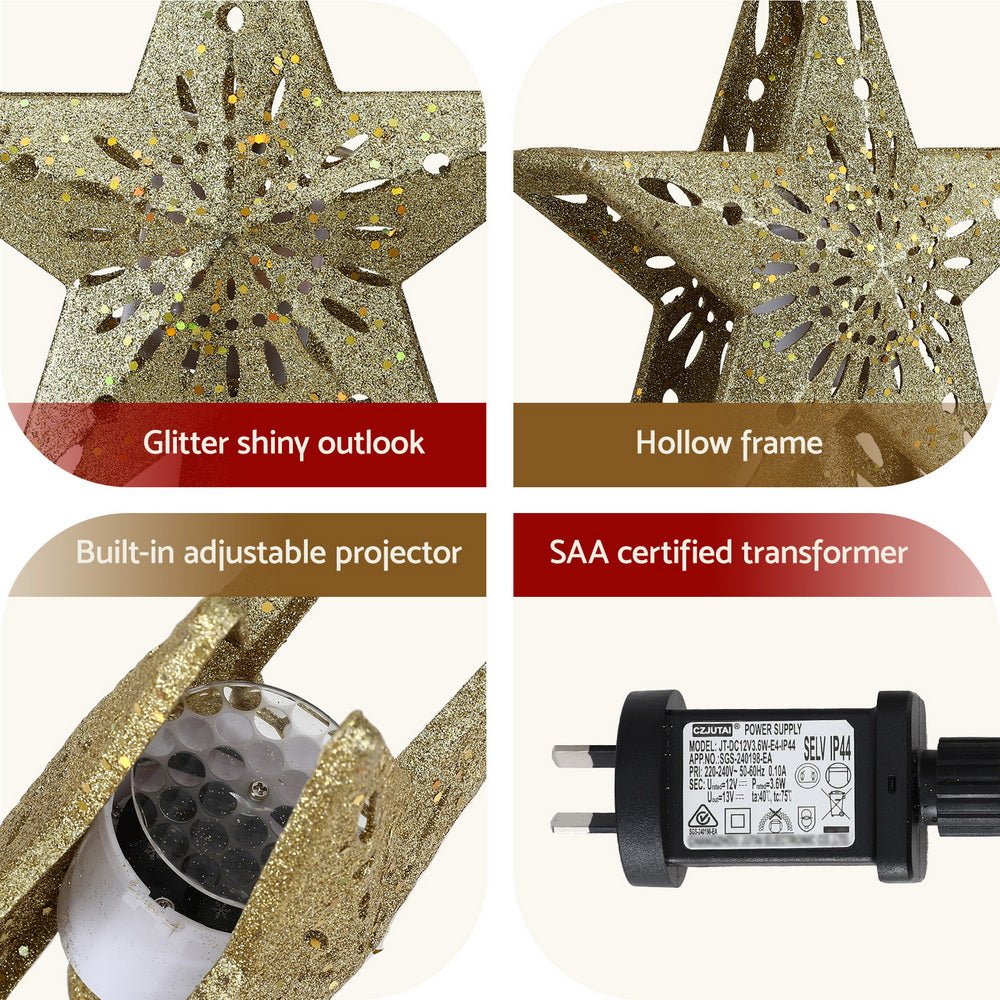 Gold Star Christmas Tree Topper with Snowflake Projector Light – 5M Cable, Adjustable Angle, Safe Transformer - Direct On Sale