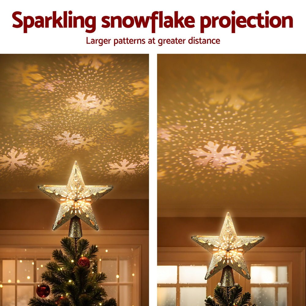 Gold Star Christmas Tree Topper with Snowflake Projector Light – 5M Cable, Adjustable Angle, Safe Transformer - Direct On Sale