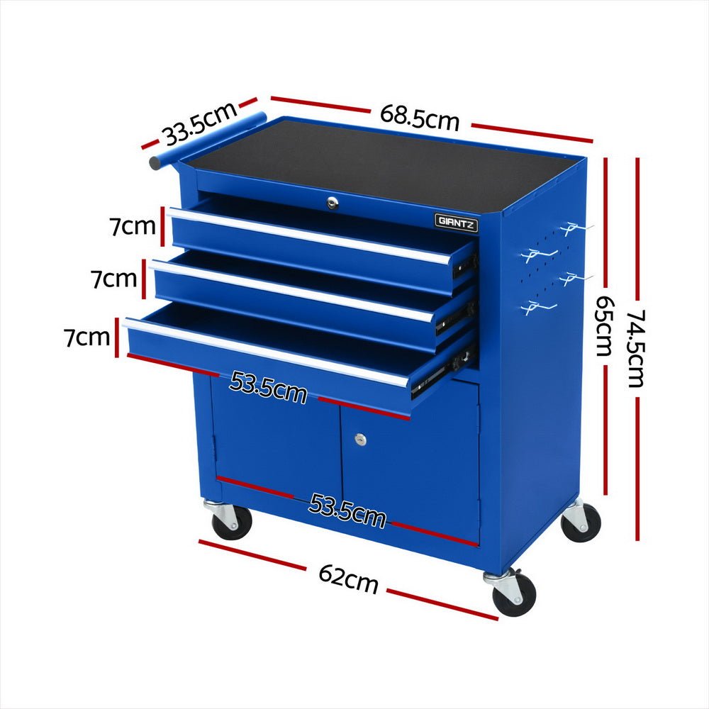 Heavy Duty 3 - Drawer Steel Tool Trolley with Cabinet and Lock – Blue - Direct On Sale