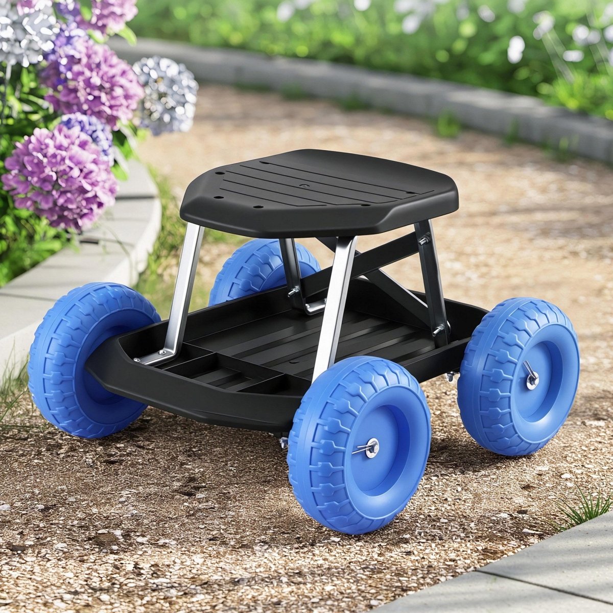Heavy Duty Rolling Garden Seat - Work Stool with Tool Storage Tray, 200kg - Direct On Sale