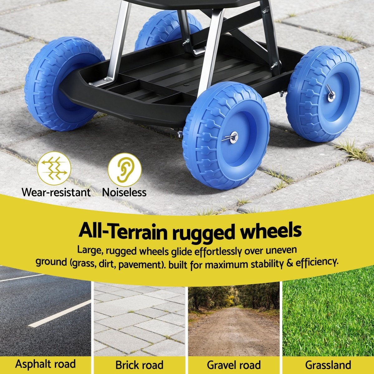 Heavy Duty Rolling Garden Seat - Work Stool with Tool Storage Tray, 200kg - Direct On Sale