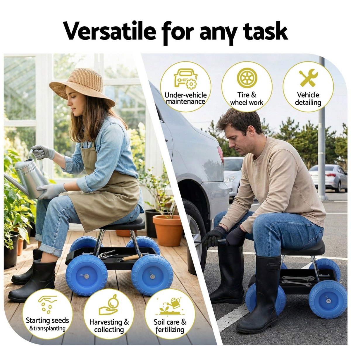 Heavy Duty Rolling Garden Seat - Work Stool with Tool Storage Tray, 200kg - Direct On Sale