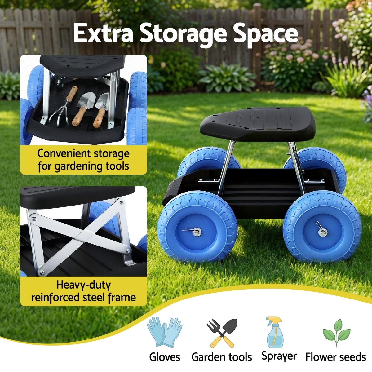 Heavy Duty Rolling Garden Seat - Work Stool with Tool Storage Tray, 200kg - Direct On Sale