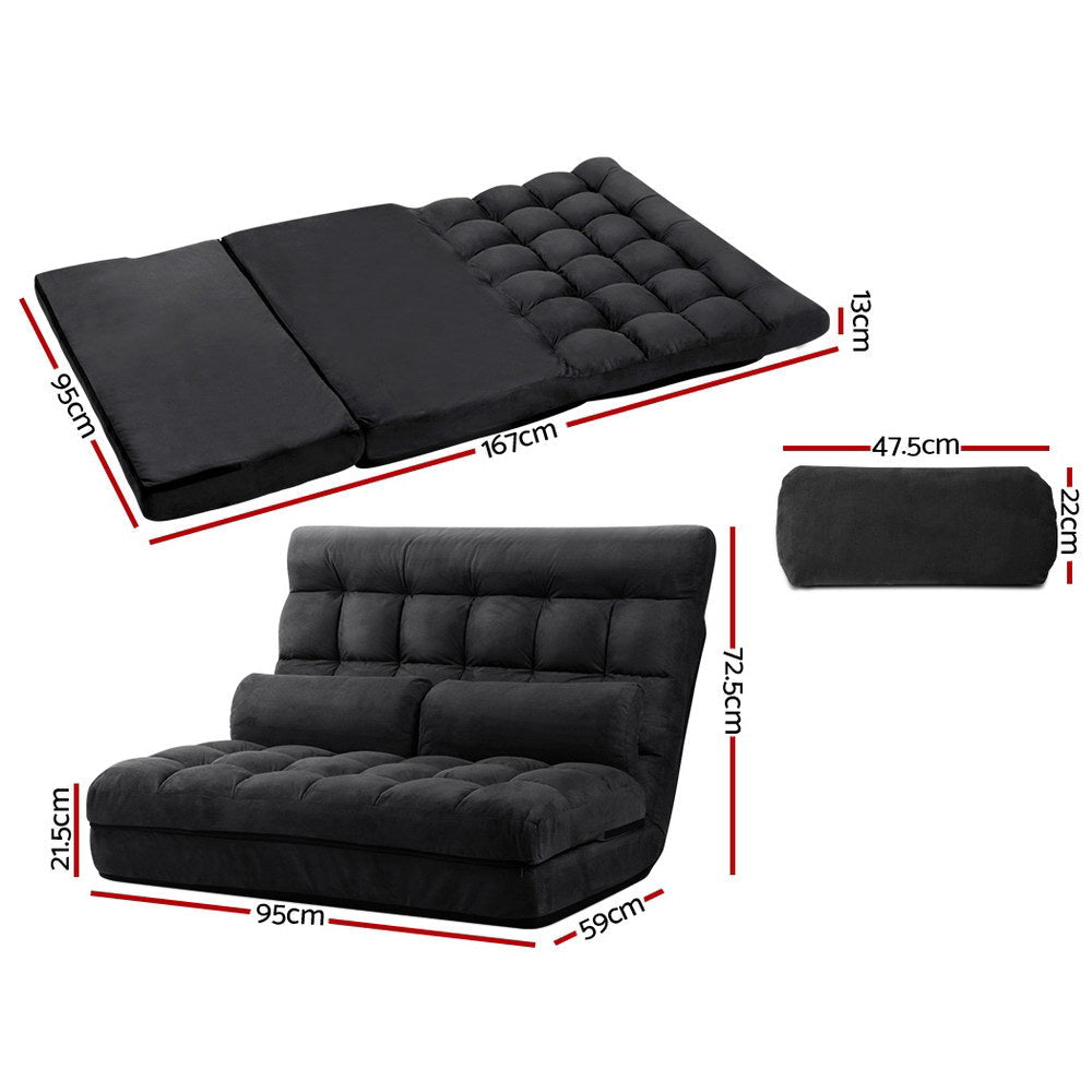 Lounge Sofa Bed 2 - seater Floor Folding Suede Charcoal - Direct On Sale