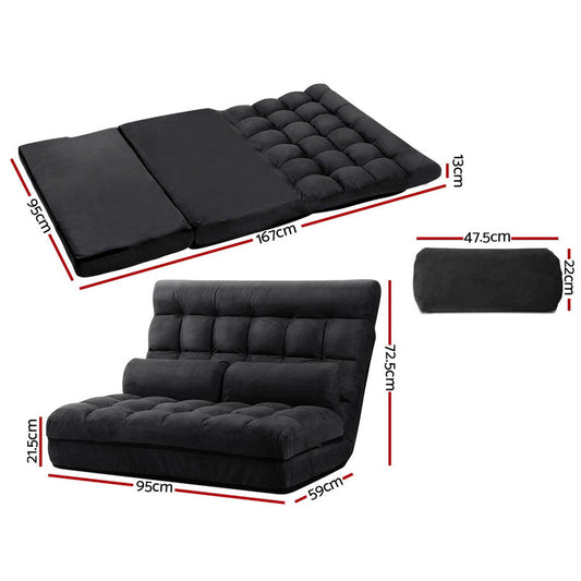 Lounge Sofa Bed 2 - seater Floor Folding Suede Charcoal - Direct On Sale