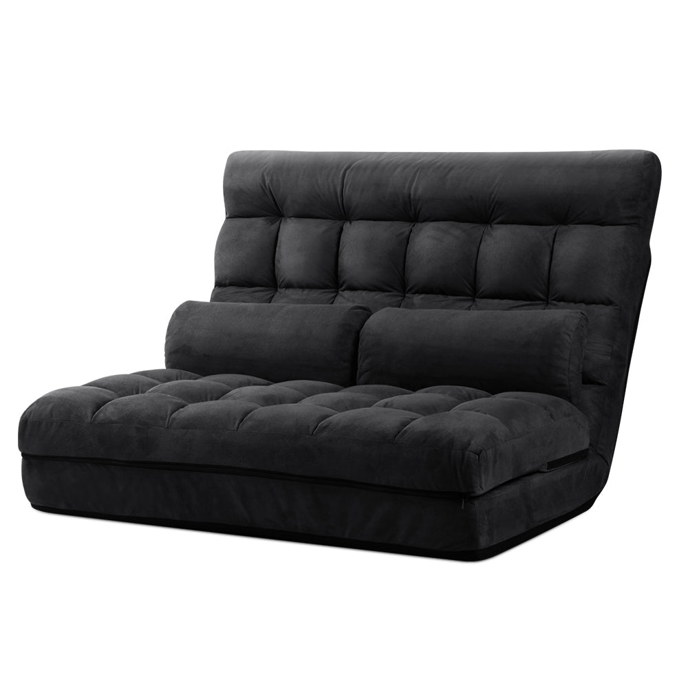 Lounge Sofa Bed 2 - seater Floor Folding Suede Charcoal - Direct On Sale
