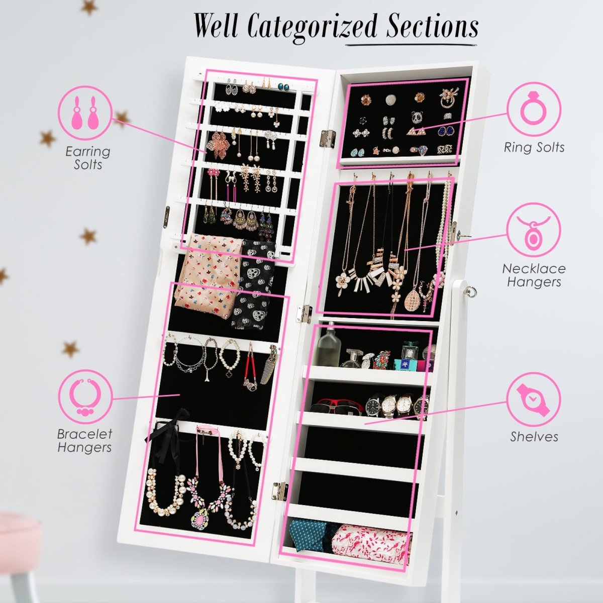 Mirror Jewellery Cabinet Storage Organiser 146cm WHITE - Direct On Sale