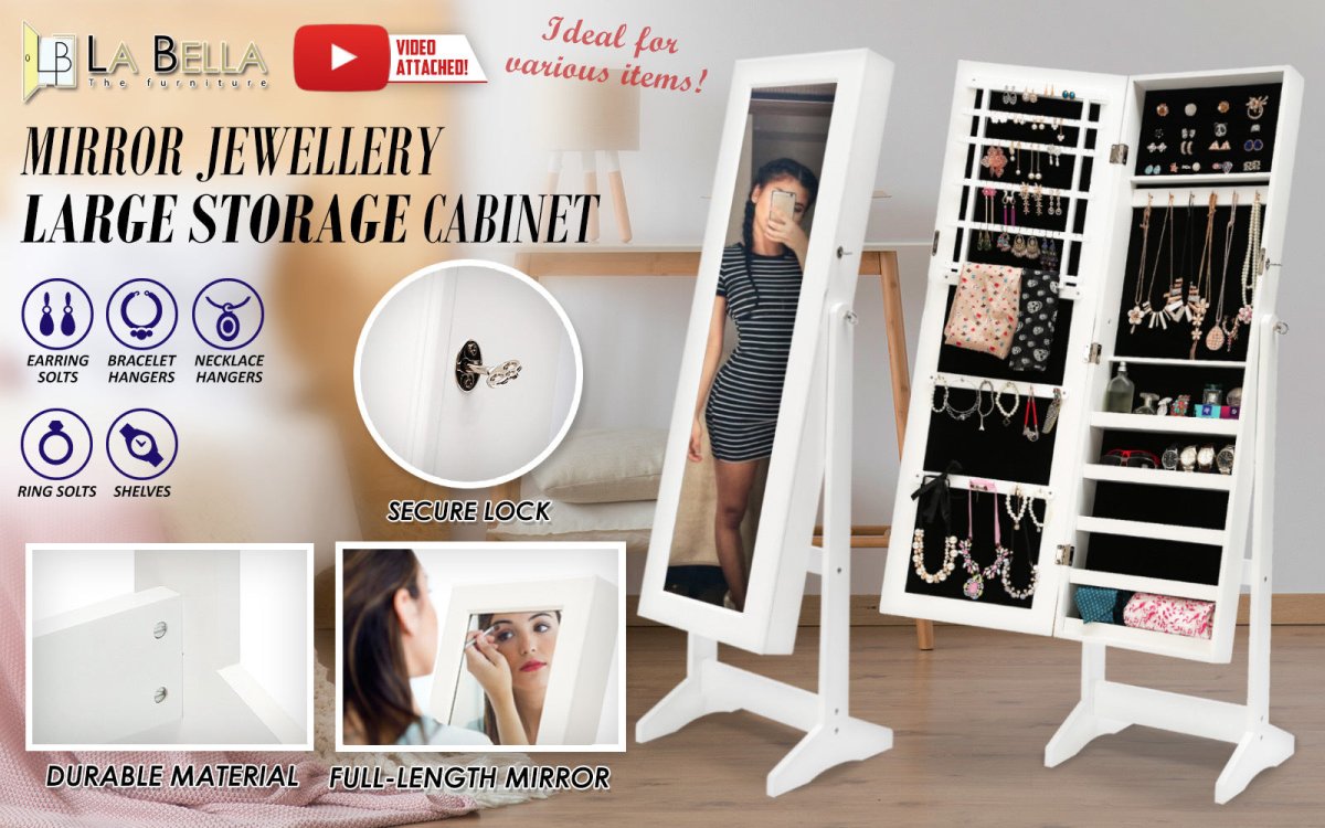 Mirror Jewellery Cabinet Storage Organiser 146cm WHITE - Direct On Sale