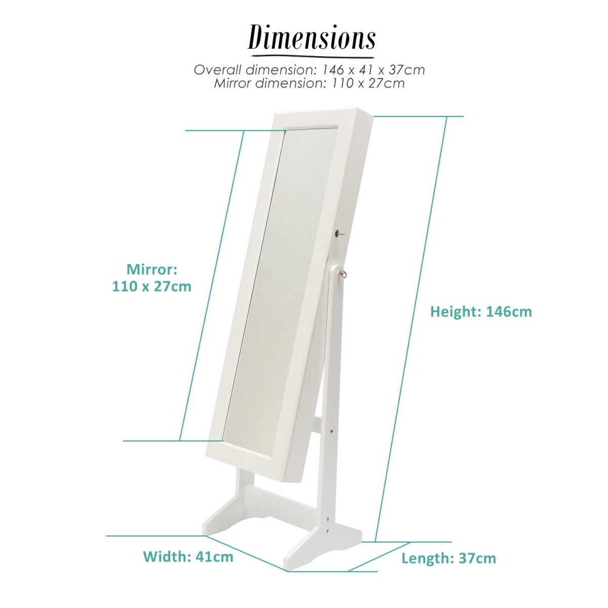 Mirror Jewellery Cabinet Storage Organiser 146cm WHITE - Direct On Sale