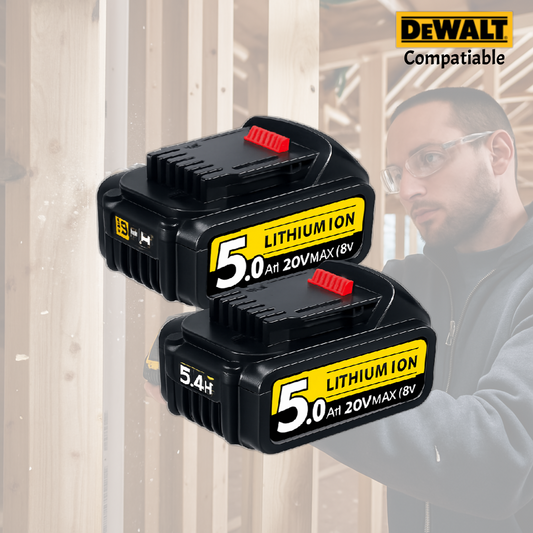 Two DEWALT lithium-ion batteries with a blurred background of a person using power tools.