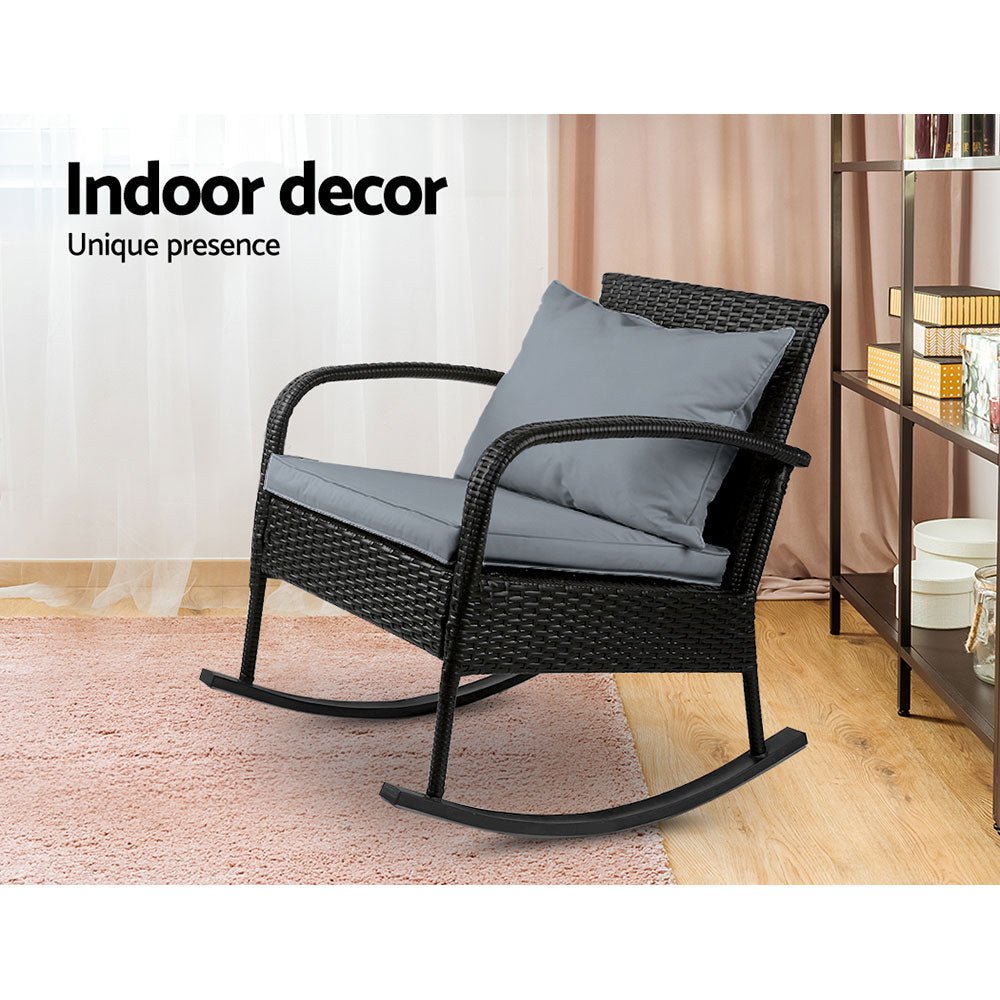 Outdoor Furniture Rocking Chair Wicker Garden Patio Lounge Setting Black - Direct On Sale